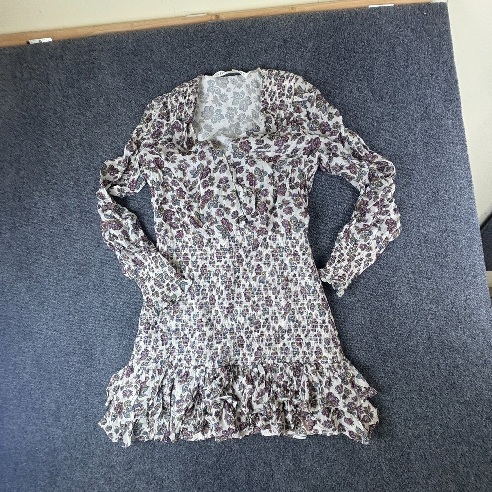 Veronica Beard Saera Shirred Dress Womens 6 White‎ Floral Crepe De Chine Smocked